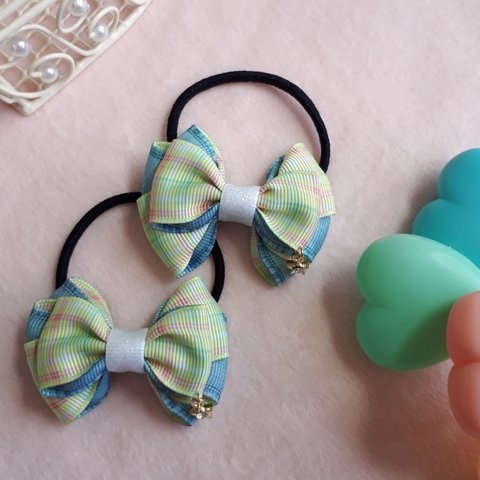 mini wingribbon♡チェックツインヘアゴム(黄緑)