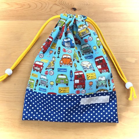 巾着袋(おやつ袋)25×20cm 【レトロカー柄】 ★KY.91037 くるま　車　男の子｜通園通学用のかわいい巾着袋や入園オーダーHoshizora☆ほしぞら