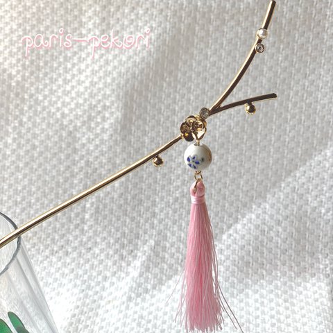 かんざし　梅の花×ピンクタッセル