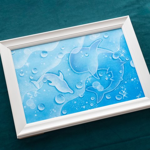 【原画】「美ら海」　ジンベイザメ　イルカ　生き物　動物　水滴　雫　青　ブルー　Blue　パステルアート　絵画