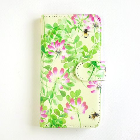 【 iPhone GALAXY Xperia ほか各機種対応 】水彩画の手帳型カードポケット付きケース 「れんげと蜜蜂」