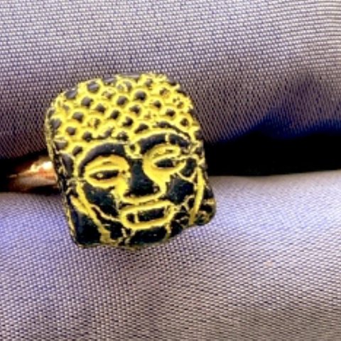 再販【11号フリー仏陀リング💍】#czech beads#チェコビーズ　#JIRI＊IVANA 仏陀　Buddha ring jet black/yellow