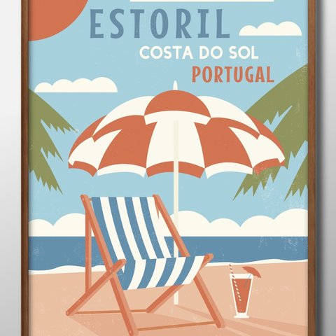 9046■ポスター　A3サイズ　『ポルトガル　エストリル　バカンス』　アート　イラスト　北欧　デザイン　上級マット紙