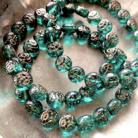 【6コセット】JIRI＊IVANA#czech beads #チェコビーズ　flower10㍉ peacock green/copper