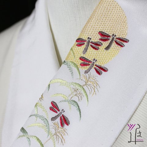 日本刺繍の正絹半衿＊お月様ととんぼ＊手仕事＊