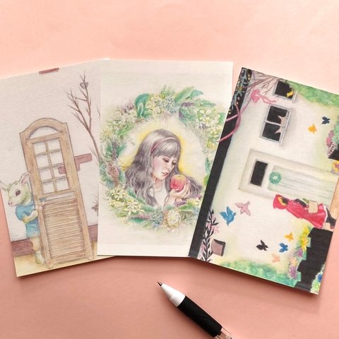 水彩画ポストカード3枚（童話×ねむの木カフェat茨城県日立市）メルヘンで淡い手描きイラストの白雪姫、赤ずきんちゃん、