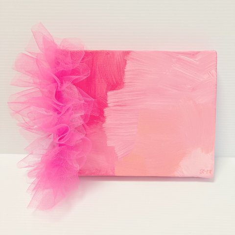 たいせつなきもち　　布×絵シリーズ　絵画　ピンク　抽象画　水彩　アクリル　レース