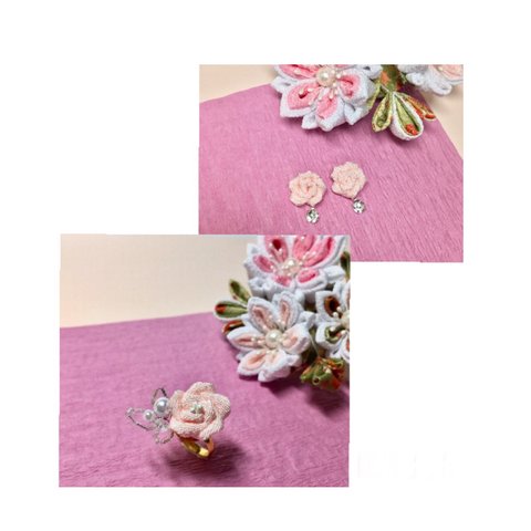 4色から選べる薔薇の指輪とピアス/イヤリングセット☆つまみ細工【受注製作】