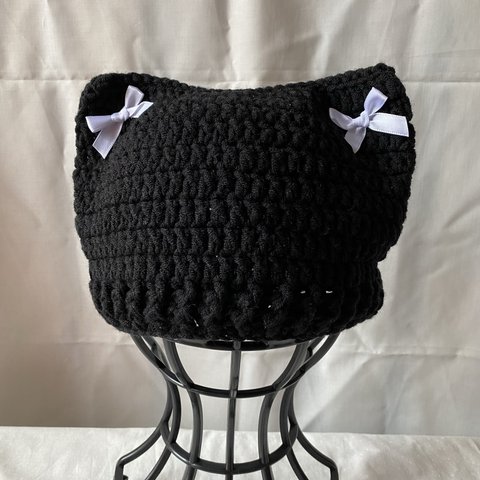 【キッズ】リボンで飾ったネコ耳帽子