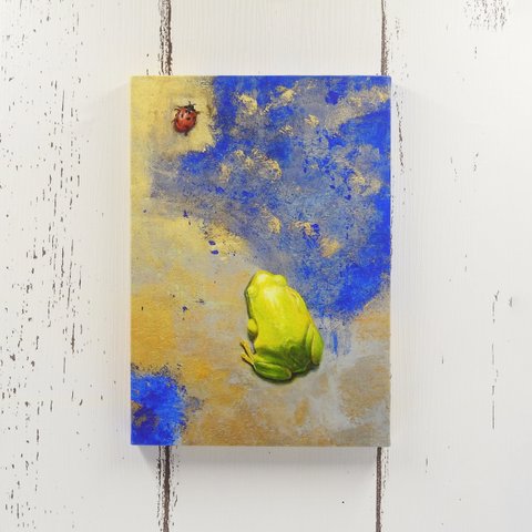 絵画パネル「ladybug and golden sticky frog」 A5サイズ /蛙/てんとう虫/和紙
