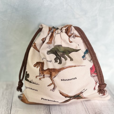 【入園入学準備】コップ袋　巾着袋　恐竜　ベージュ　男の子　20cm×20cm