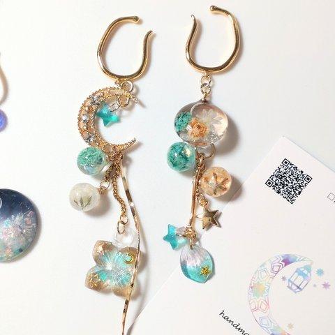 ピアス・イヤーカフ(+100円)選択可 花と月 ミント&ブラウン&ピンク かすみ草 紫陽花 三日月