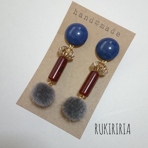 RUKIRIRIA #116 大ぶりピアス ファーピアス アンティークピアス  カボションピアス イヤリング 