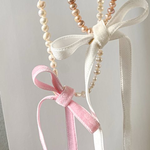 pink ribbon & white pearl 2way necklace / パールネックレス / リボン