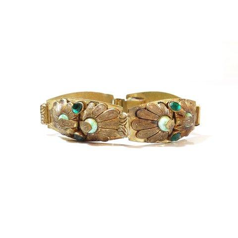 20s Antique Gold Tone Brass Green Cabochon Bracelet