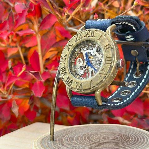 機械式手作り腕時計　Via Ostiensis(十字架レトロ時計 アンティークケース Navy Blue)