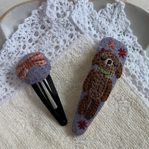 いぬ&リボンの刺繍ヘアピンセット