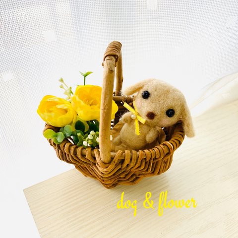 かごの中の羊毛フェルトのわんちゃんとお花💐