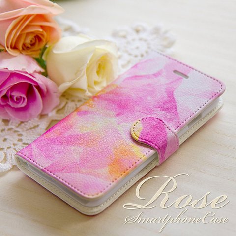 iPhone11 pro Maxまで対応♪／ストラップ穴つき手帳型スマホケース 花びらを敷き詰めたような Rose