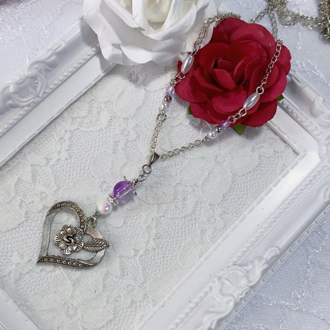 【N75】薔薇heartのパープルデザイン、シルバーネックレス( ネックレス シルバー 紫 パープル )