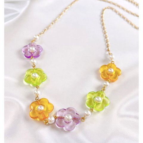 キッズ★purple＆orangeお花のビーズネックレス