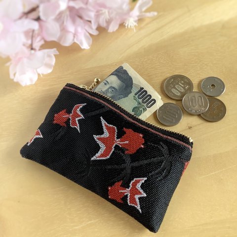 【金魚】畳縁　ぺたんこ　ミニポーチ　小銭入れ　カードケース　黒　和風　シノワズリ