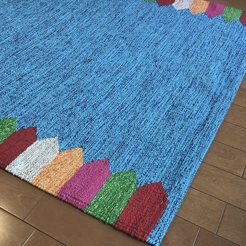 ３畳　手織りラグ 綿100% インド製 ブルー 床暖OK カーペットOK【キャンドル】