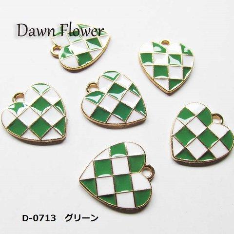 【D-0713】7pcs　ハート　18×16mm　グリーン＆ホワイト　チャーム　ハンドメイドパーツ