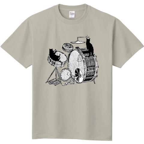 ドラムと黒猫の半袖Ｔシャツ(シルバーグレー)