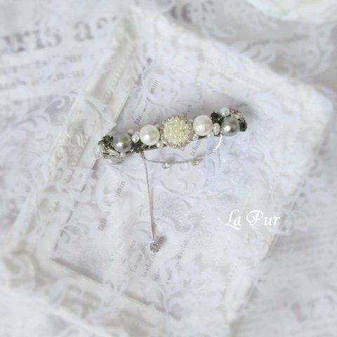  【バレッタ】Silver ＆ White Cottonpearl  