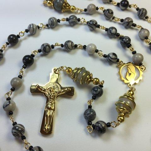 ロザリオ【１点物】(98)ゼブラジャスパー＆アゲート カトリック キリスト パワーストーン Rosary,Catholic,Prayer Beads,Healing,Relaxing,Gemstone