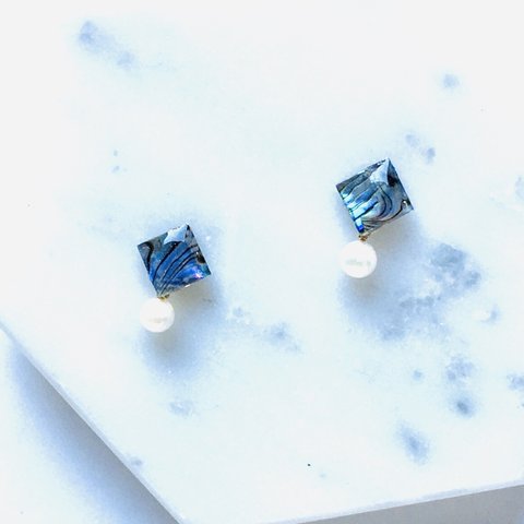アコヤ真珠とブルー螺鈿ピアスイヤリング 【1577】＃ギフト　#入学式　#卒業式　Akoya pearl Blue Mother-of-pearl  pierced earrings　#フォーマル　