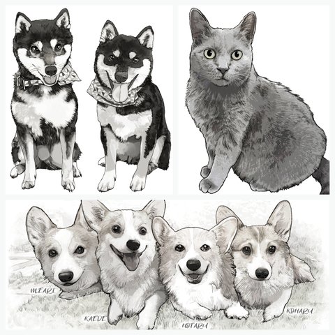 ペットのイラストオーダー/犬や猫の似顔絵ポスター