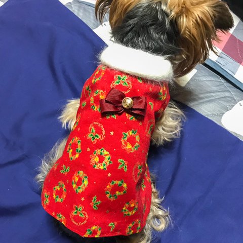 新柄入荷予定♪着せやすい犬服・クリスマスリース⛄️フワフワ襟付きスモックワンピース🎅オーダーメイドで🎄