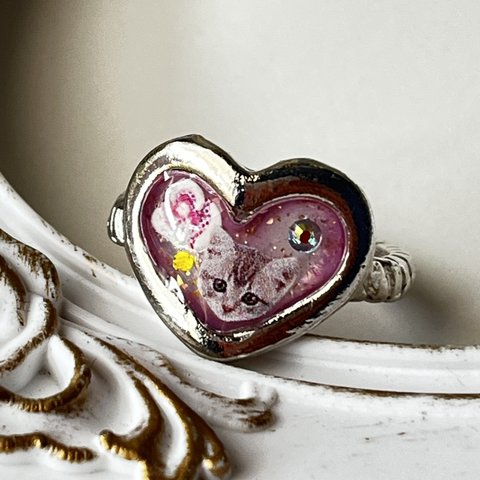 猫と薔薇のハートリング　バレンタイン　シルバー