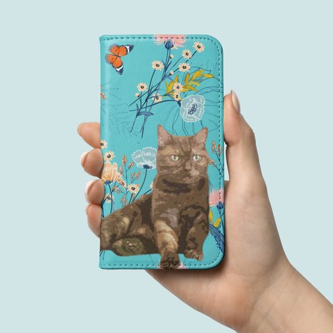 うちの子イラスト 花柄フローラル 手帳型スマホケース │猫 犬 iPhone Android