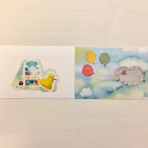 「飴ちゃんと空飛ぶひつじ」 水彩画イラストポストカード2枚セット 羊　キャンディ