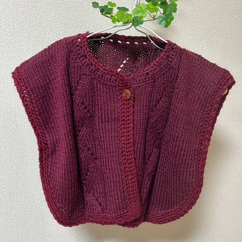あったかケープ　手編み　ニット　ボレロ　カーディガン　ケープ　赤紫