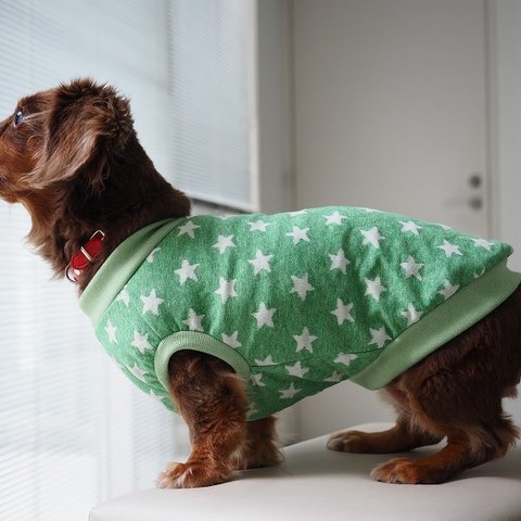 犬服　ダックスちゃんの星のタンクトップ　グリーン