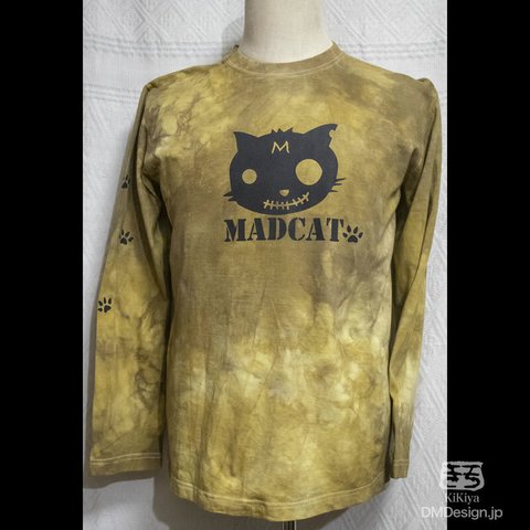 (L)手染め+プリント一点もの MADCAT黒猫長袖Tシャツ「黄茶」（1-336）
