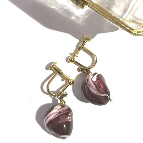 0170 果実艶やか VINTAGE EARRINGマーブルイヤリング　アンティーク  クラシカル　花　フラワー　大ぶり　クリップ　ナチュラル　カジュアル　ビーズ　ビジュー　結婚式　ピーチ