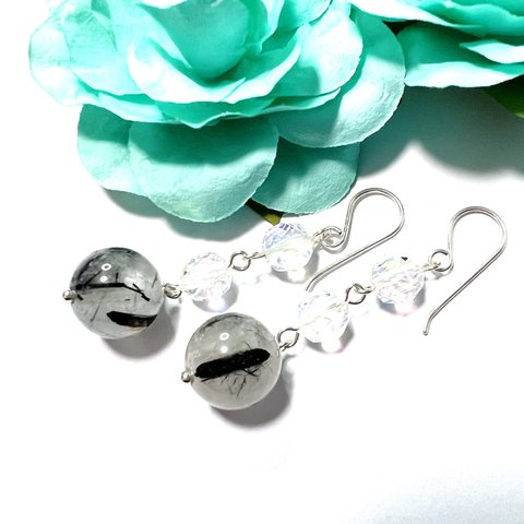 天然石ピアス　トルマリンクォーツ×ルナフラッシュ　silver925　pierced earrings