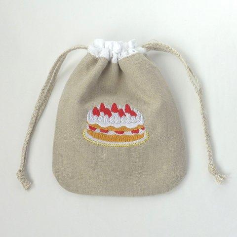 いちごケーキの刺繡　リネン　小さめ巾着