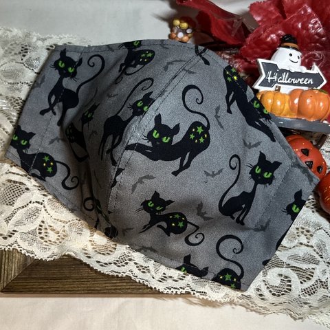 【😈ハロウィン🎃】2023年・黒猫ハロウィン〜グレー系(柄物⑥-130）薄手の生地　幼児(2歳くらい)〜LLサイズ　裏地・サイズ選択可　綿100％　　※希望で抗菌不織布縫込み可　快適マスク 