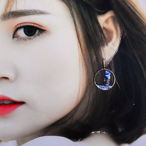 ブルー螺鈿のメタルラウンドピアスイヤリング【1603】Blue  mother-of-pearl round  pierced earrings