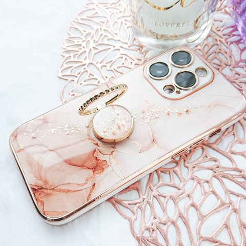 優しいピンク×ブラウン 大理石風iPhoneケース&スマホリングセット アルコールインクアート　ふんわり　春色