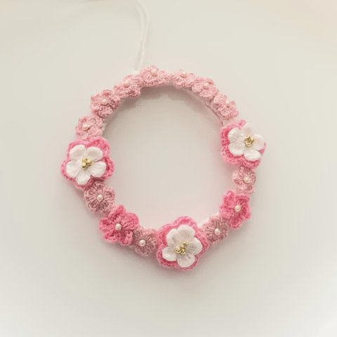 刺繍糸で編んだお花のリース★ひな祭りにも★ピンク
