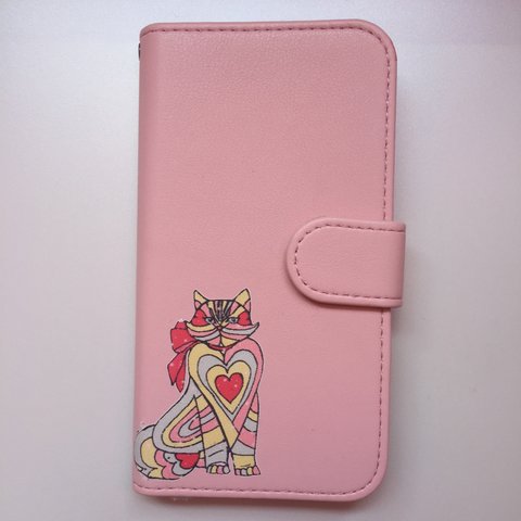 iPhoneケース　手帳型　猫　ピンク
