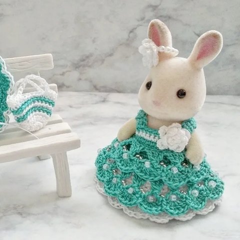 販売終了(グリーン)シルバニア 服 ショコラウサギの女の子用 レース編みドレス・耳飾り・バッグ  シルバニアファミリー