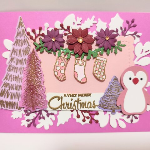 クリスマスカード「A　MERRY HELLO」ペンギン　ポインセチア　くつ下　クリスマスツリー　ヒイラギ　 stampinup  ローズクラフト　ROSECRAFT